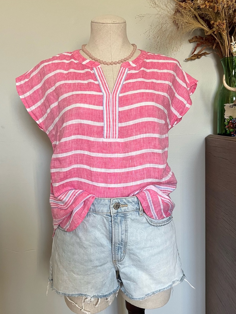 Talbots Pink and White Striped Split-Neck Linen Tunic